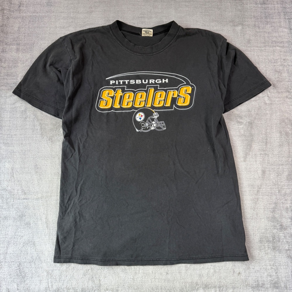 Pittsburgh Steelers Shirt Mens Large Black Vintage 90s NFL Faded Waves